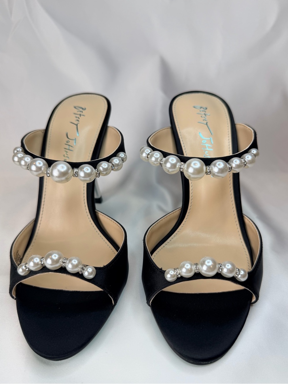 Betsey Johnson Black Pearl Embellished Mule Heels Size 6.5 Satin Slip on Sandals